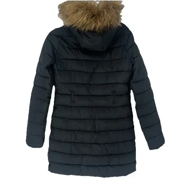 Hollister Long Black Hooded Puffer Coat Faux Fur Trim Winter Jacket Size Women S - Picture 5 of 9